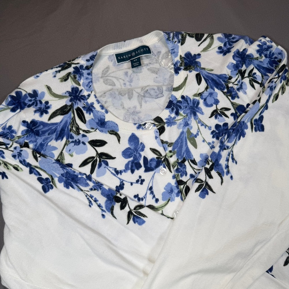 Karen Scott Floral Cardigan Womens 0X White Blue Button Front Sweater Casual